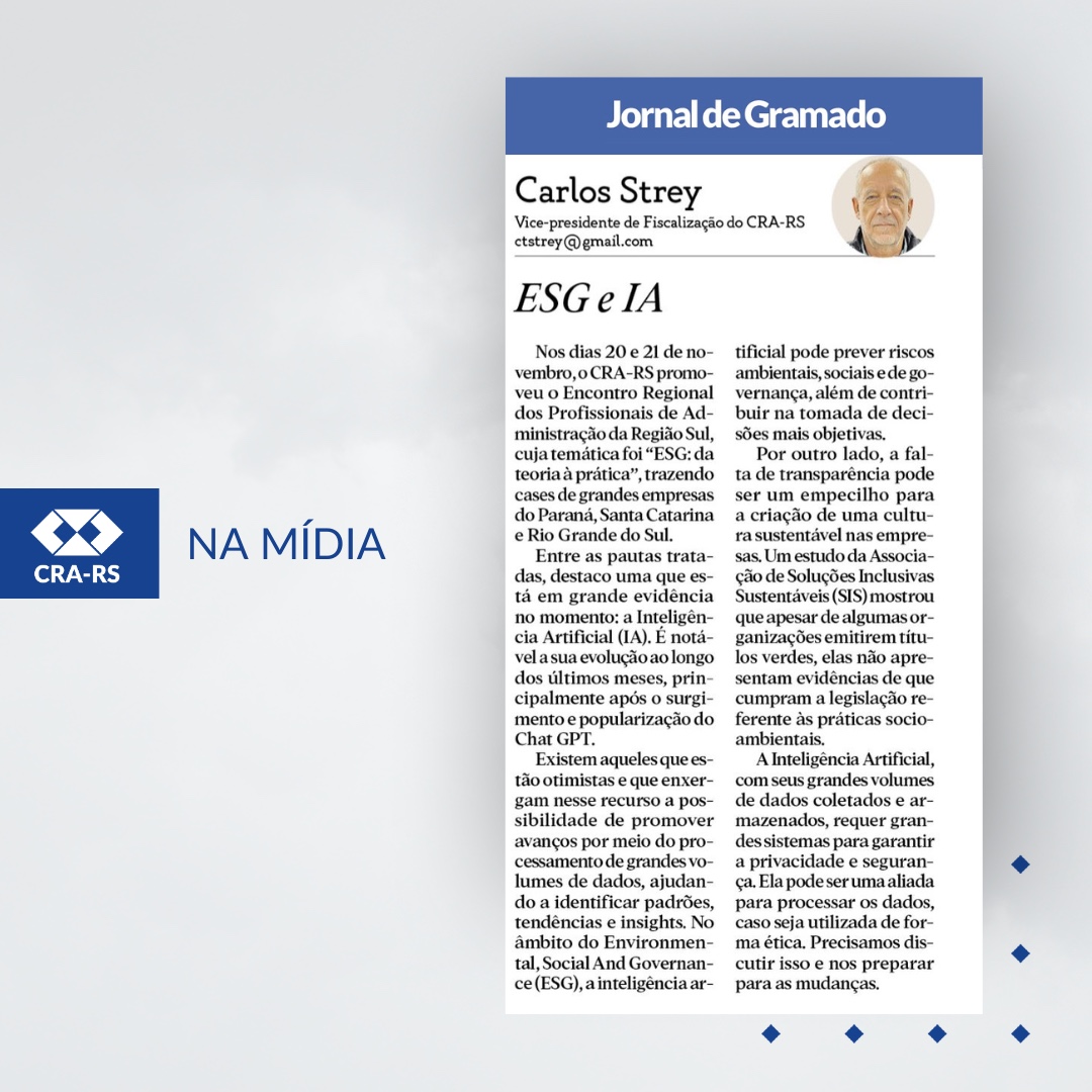 Artigo do vice-presidente de Fiscalização e Registro do CRA-RS é publicado no Jornal de Gramado